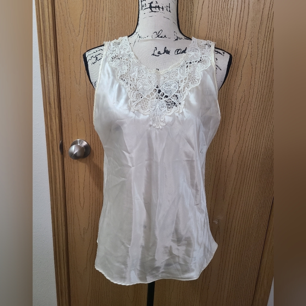 Cinema Etoile Ivory Satin Lace Crochet Sleepwear Slip Tank Top Lingerie